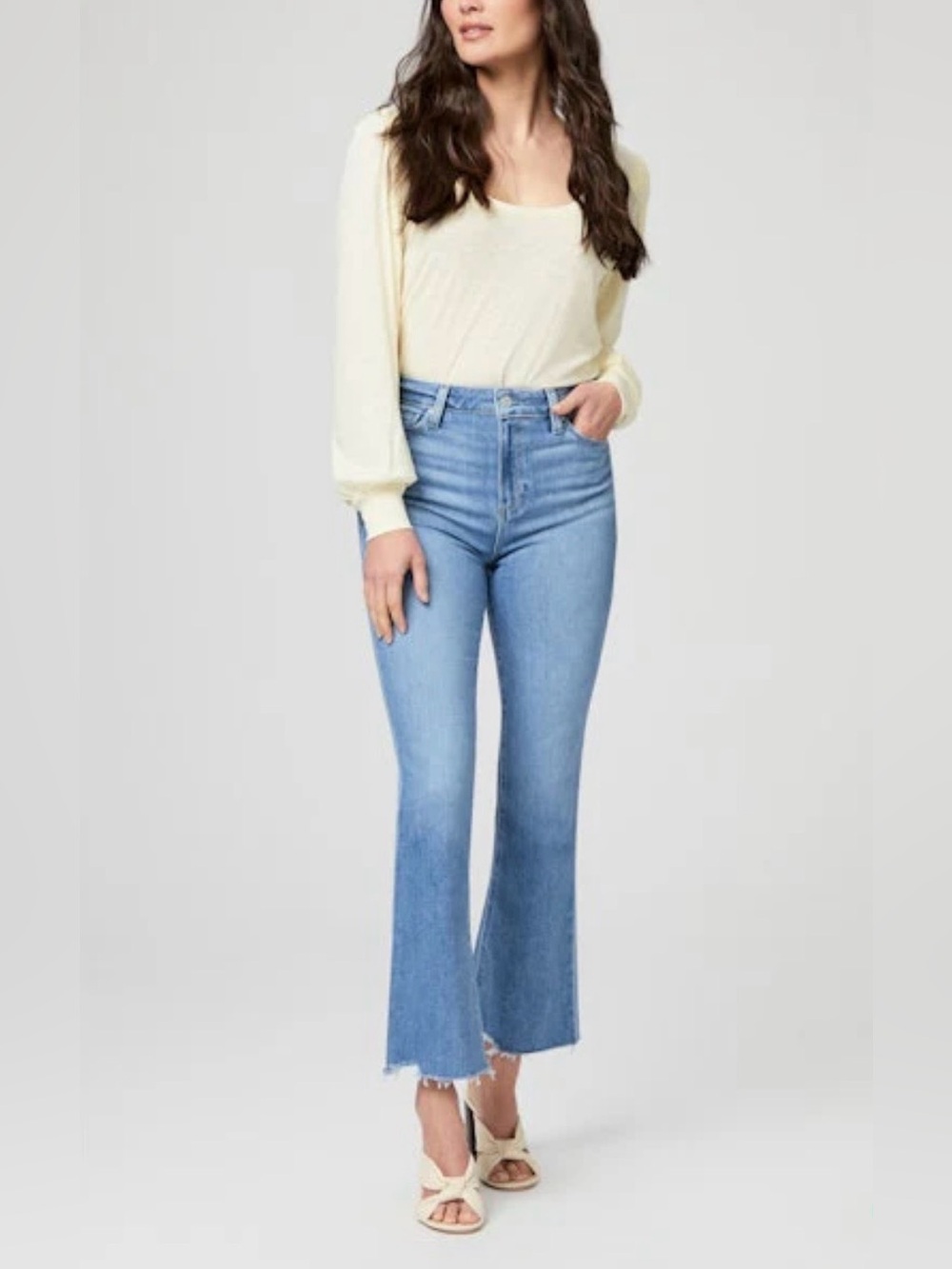 PAIGE Claudine Vintage-Inspired Ankle Flare Jean. Raw Hem. Light Wash. Size 28.